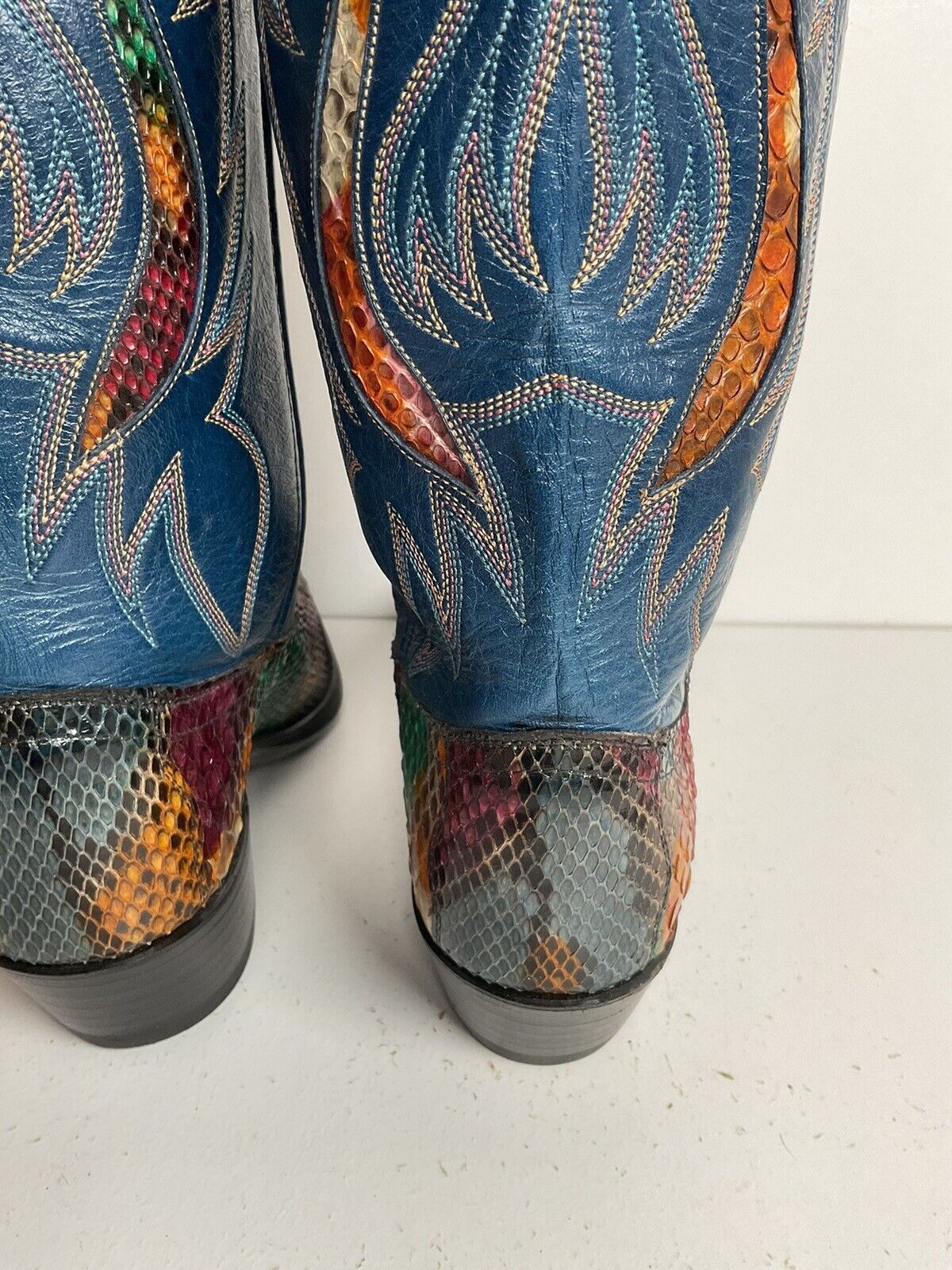 Vintage Dan Post Rainbow Python Cowgirl Boots 8 M Front Cut Tooled Inlay