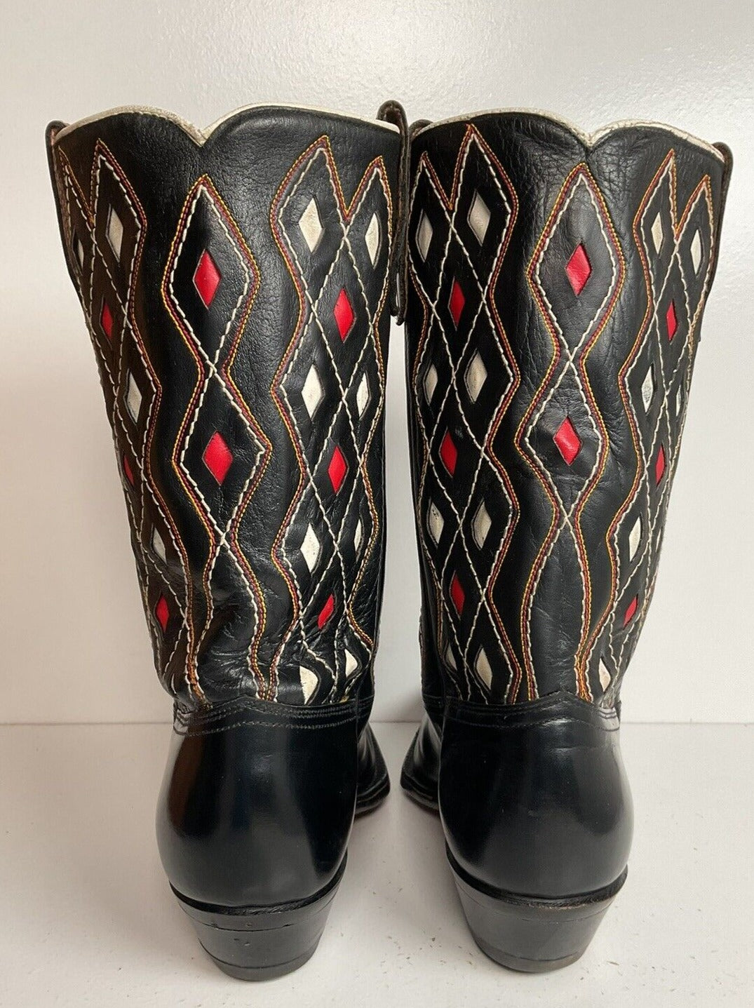 Vintage ACME Tooled Diamond Inlay Leather Cowboy Boots 8 D Old Label 1950s 1960s