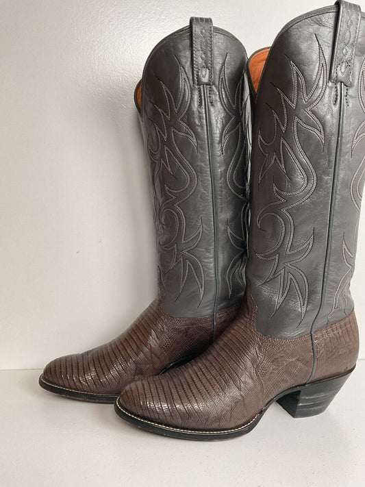 Vintage J Chisholm Grey Tall Cowgirl Boots 8 M Lizard Vamp USA Made