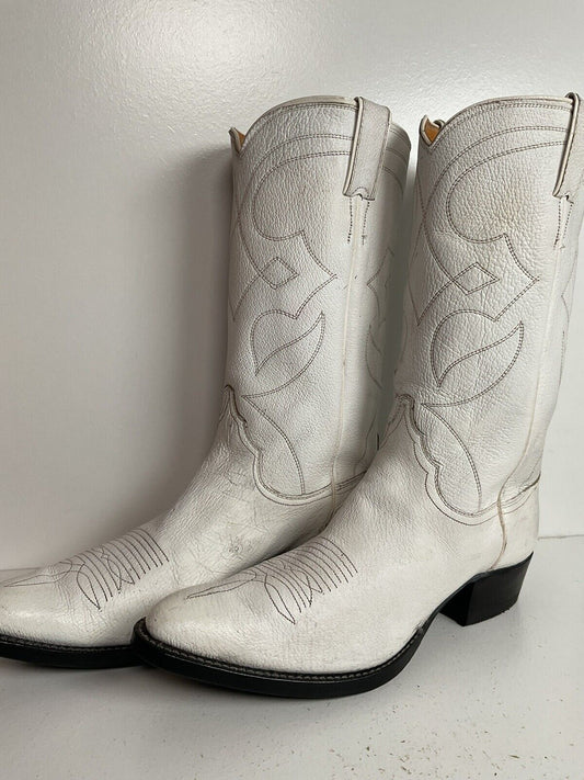 Vintage Justin Wedding White Cowgirl Boots 10 B Old Fort Worth Label