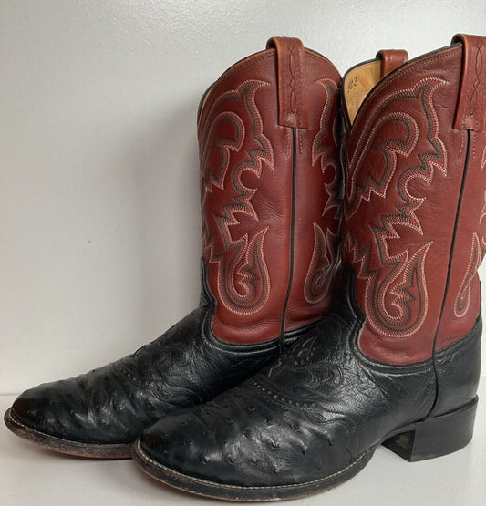 Vintage Tony Lama Exotic Ostrich Quill Roper Boots 10 D Tooled Inlay White Label