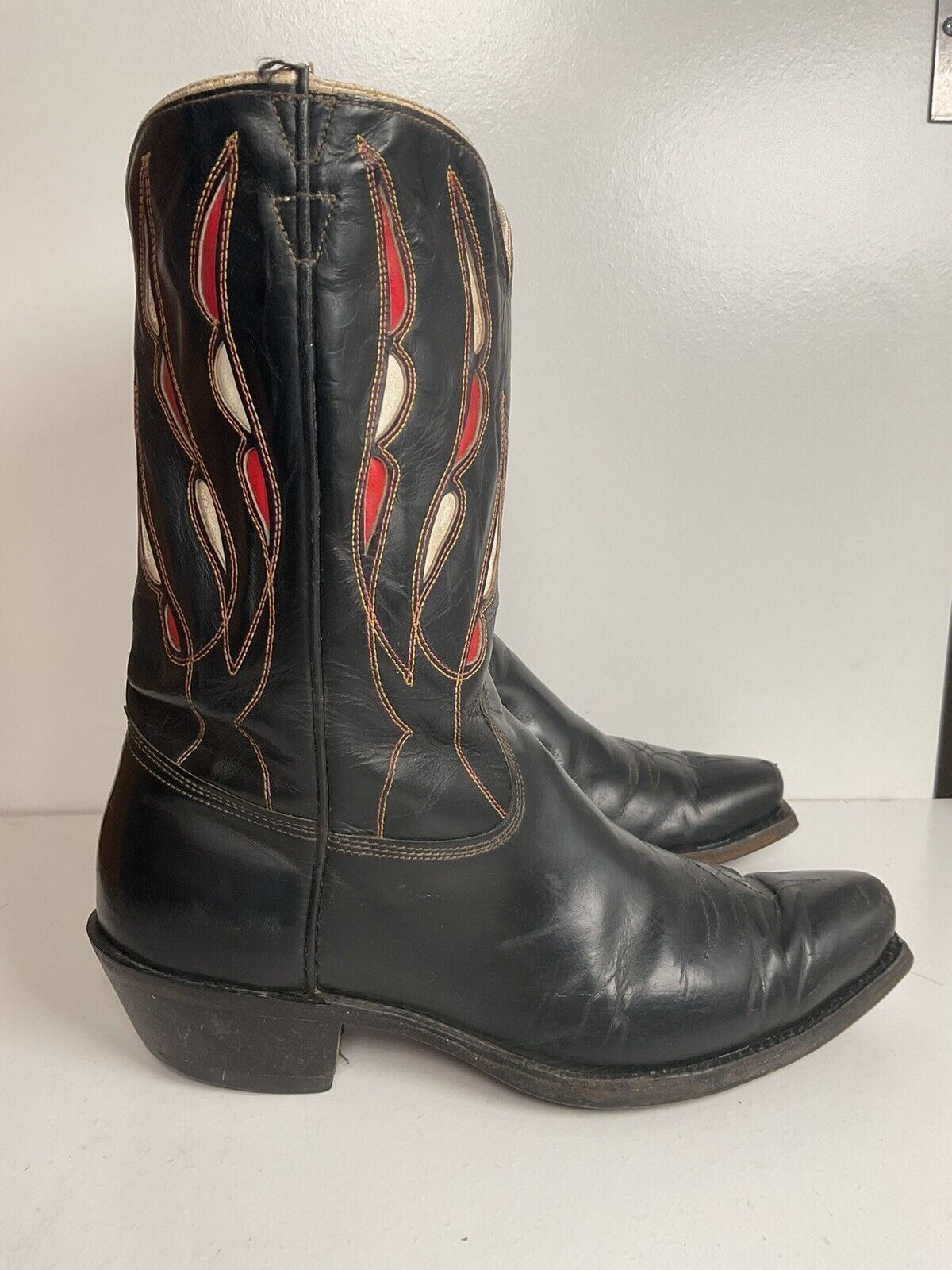 Vintage Tooled Inlay Cowboy Boots 9 D 1950s Pee Wee USA Made