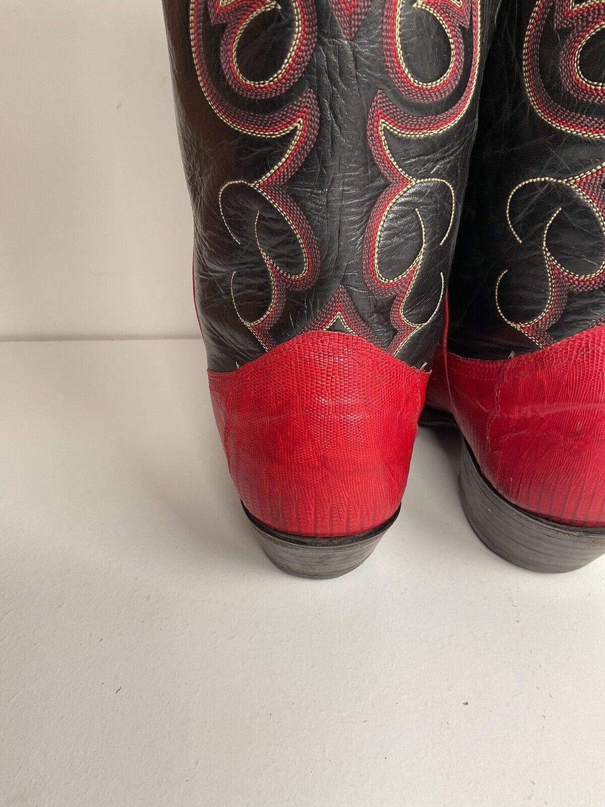 Vintage Nocona Cherry Red Cowgirl Boots 8 B Teju Lizard Vamp USA Made