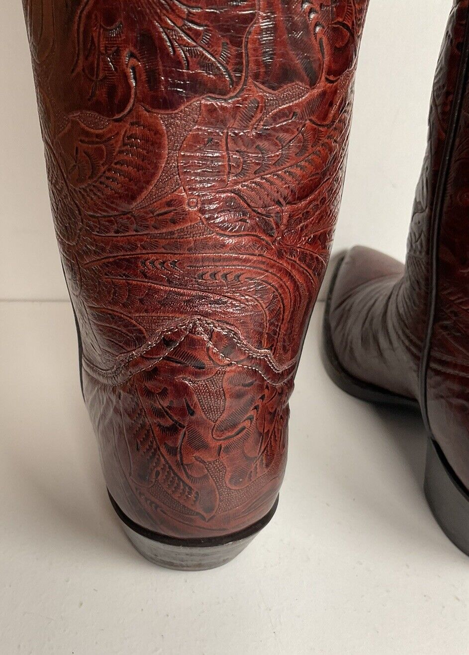 Vintage Larry Mahan Tooled Cowgirl Boots 7 B Mahogany Brown