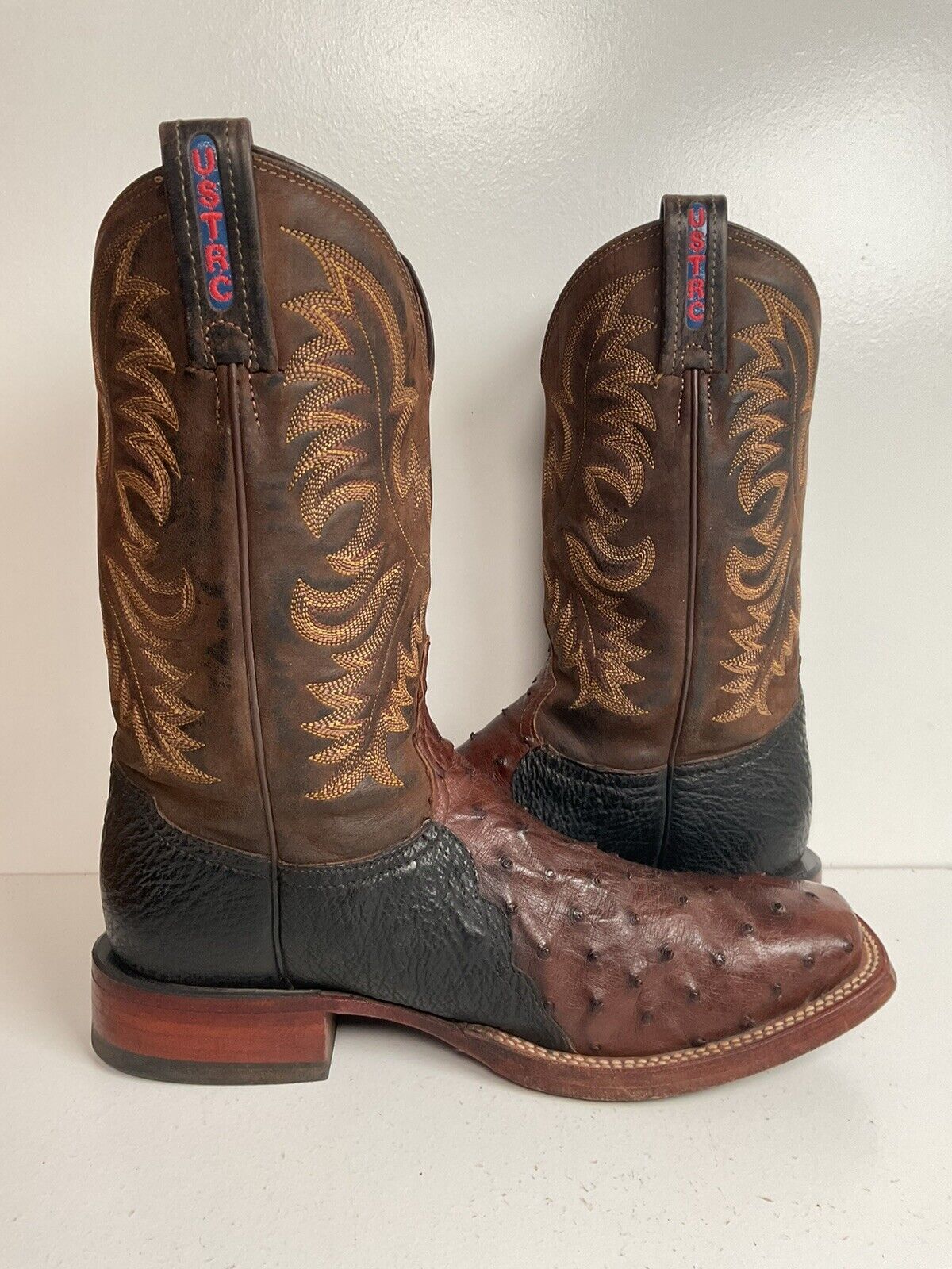 Vintage Tony Lama Exotic Ostrich, Shark Cowboy Boots 8 EE Square Toe Custom