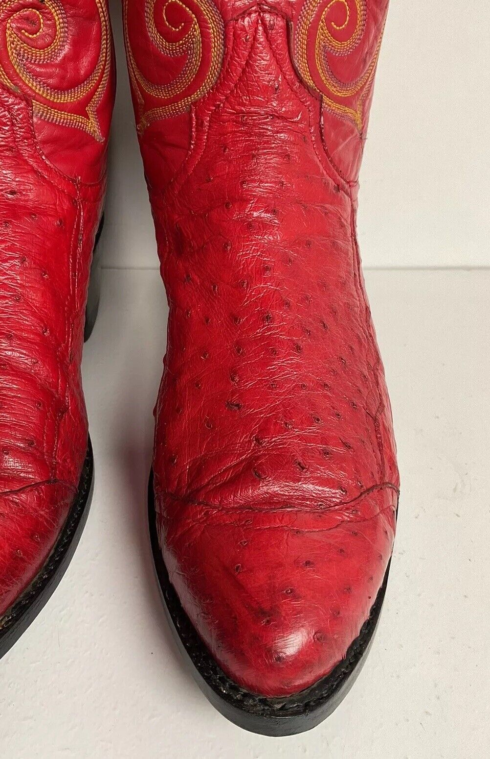 Vintage Larry Mahan Cherry Red Pin Quill Ostrich Cowboy Boots 10.5 D New Half Soles