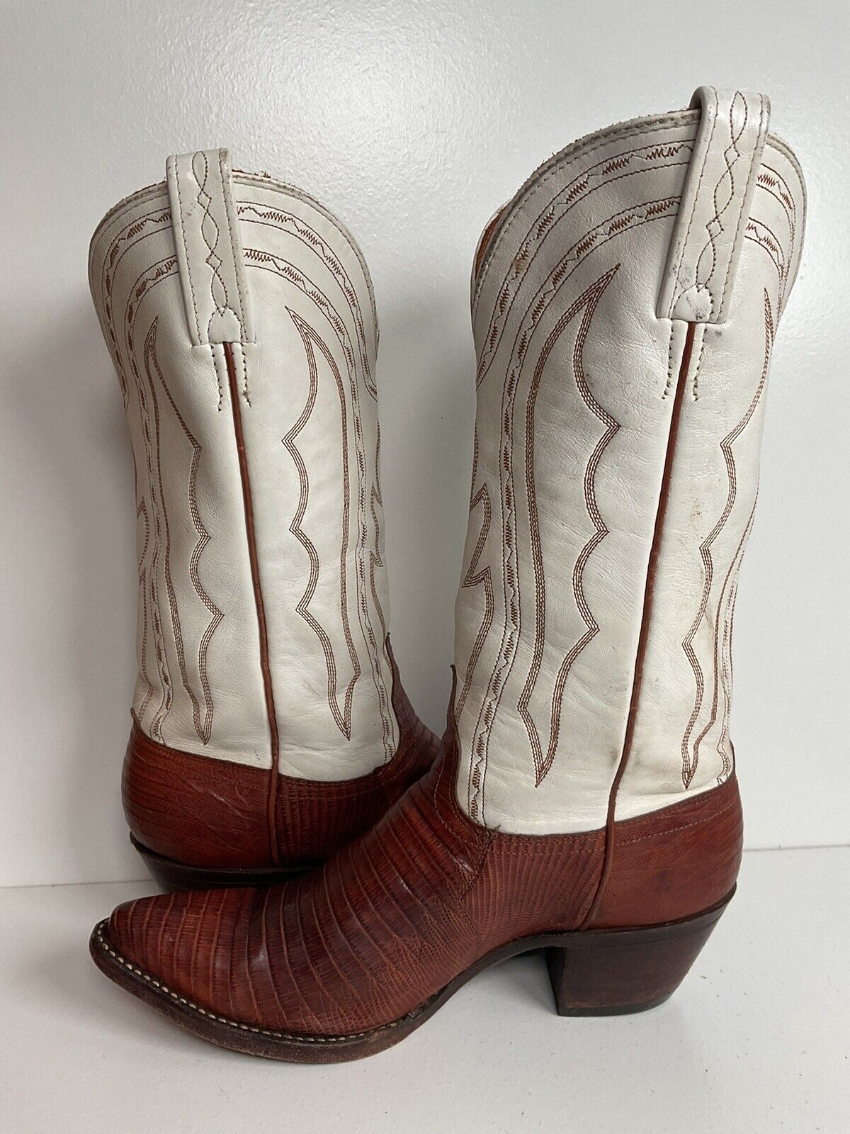 Vintage J Chisholm White Cowgirl Boots 7.5 M Teju Lizard