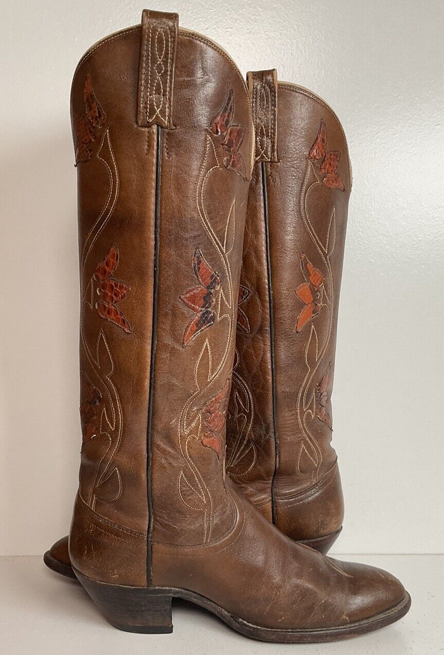 Vintage Dan Post 17”  Tulip Cowgirl Boots 7.5 C Tooled Snakeskin Overlay