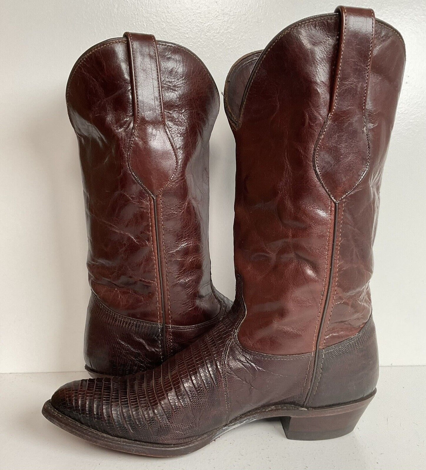 Vintage Wrangler Teju Lizard Cowboy Boots 9.5 M USA Mahogany Brown