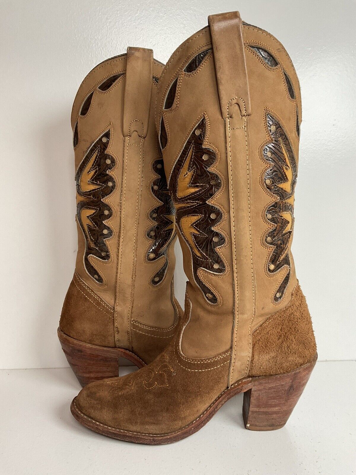 Vintage Miss Capezio Butterfly Boots 7.5 M Tooled Inlay Brown Nubuck Suede