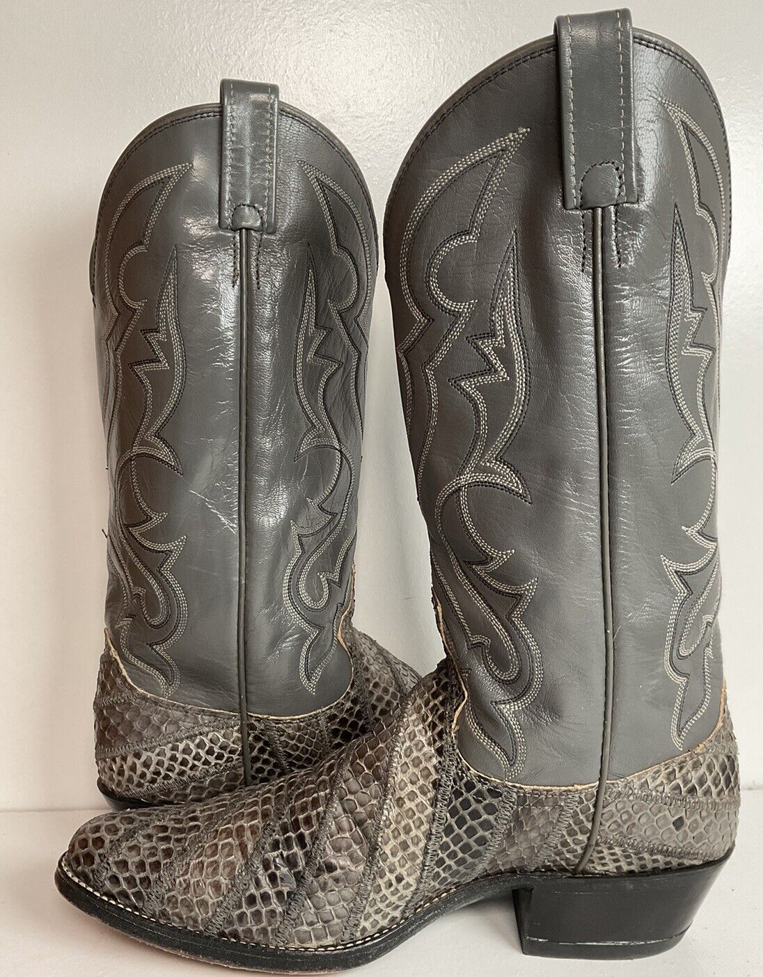 Vintage Dan Post Grey Anaconda Snakeskin Cowboy Boots 9.5 D Exotic Custom