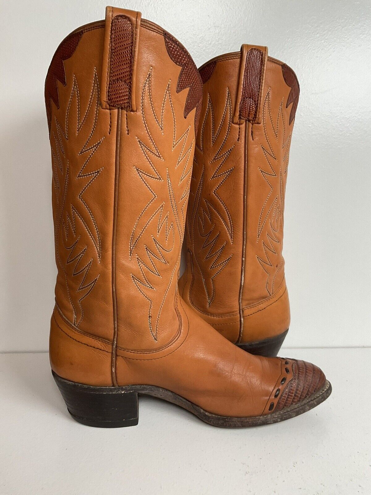 Vintage Dan Post Lizard Wingtip Cowgirl Boots 6.5 C Tooled Overlay