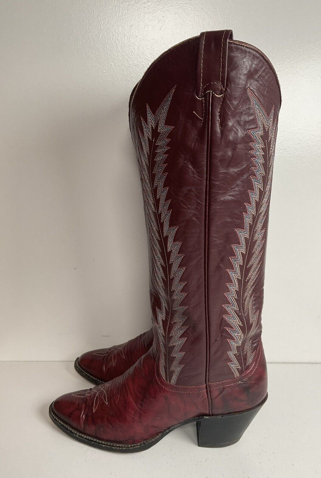 Vintage Larry Mahan 17” Tall Cowgirl Boots 8 B Burgundy Leather