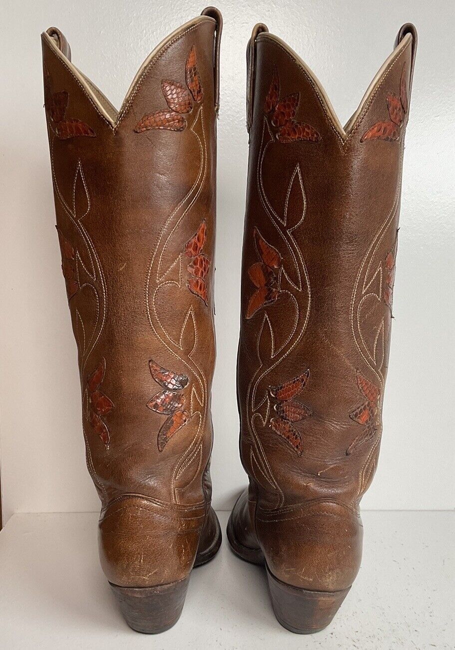 Vintage Dan Post 17”  Tulip Cowgirl Boots 7.5 C Tooled Snakeskin Overlay