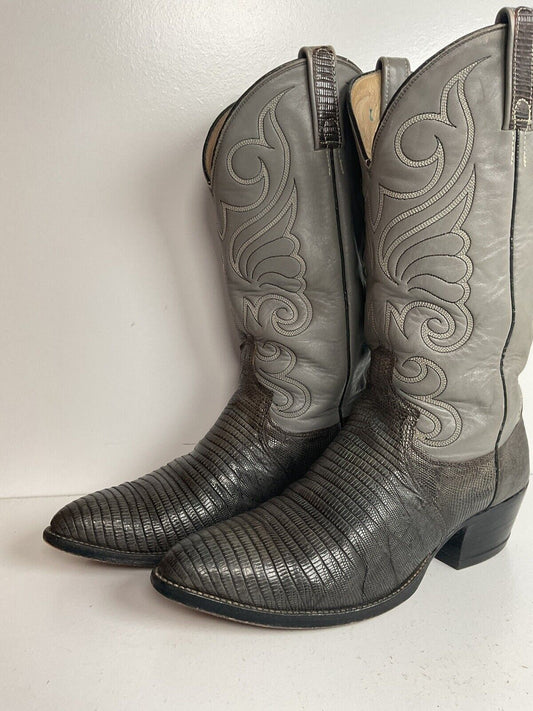 Vintage Dan Post Charcoal Grey Teju Lizard Cowboy Boots 10 D Old Label