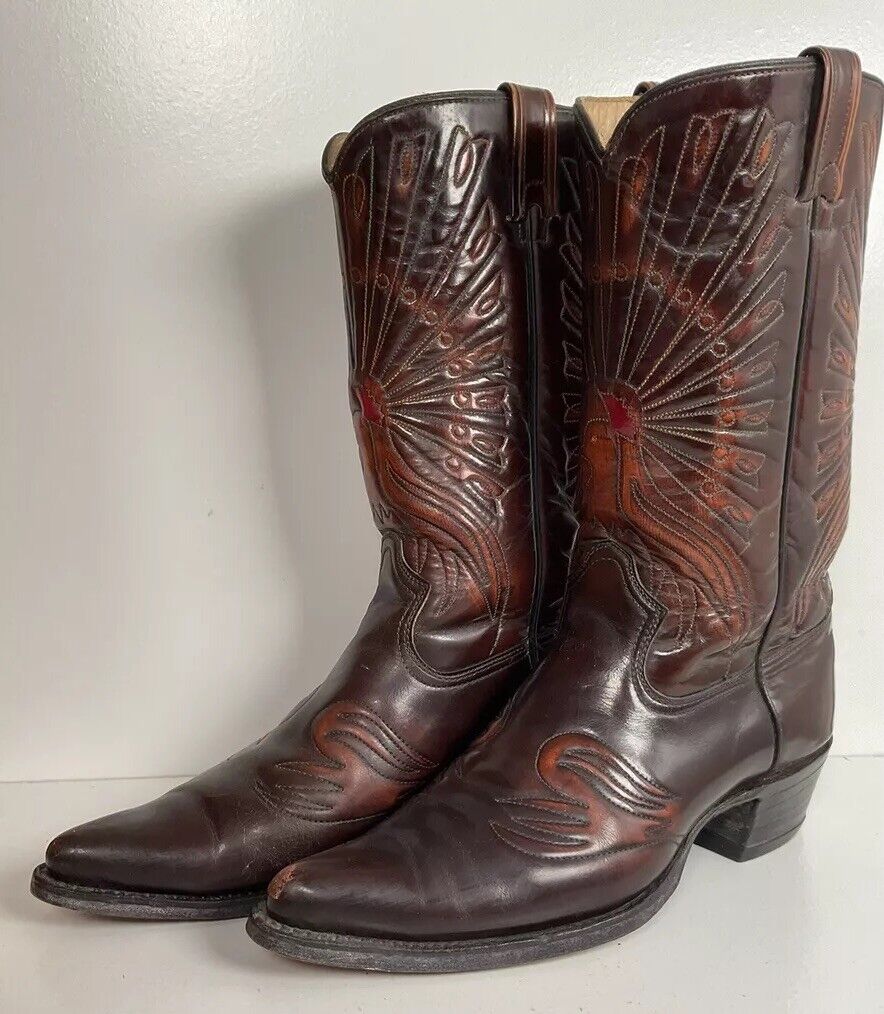 Vintage Texas Brand Patent Thunderbird Cowboy Boots 10.5 EE Rainbow Peacock