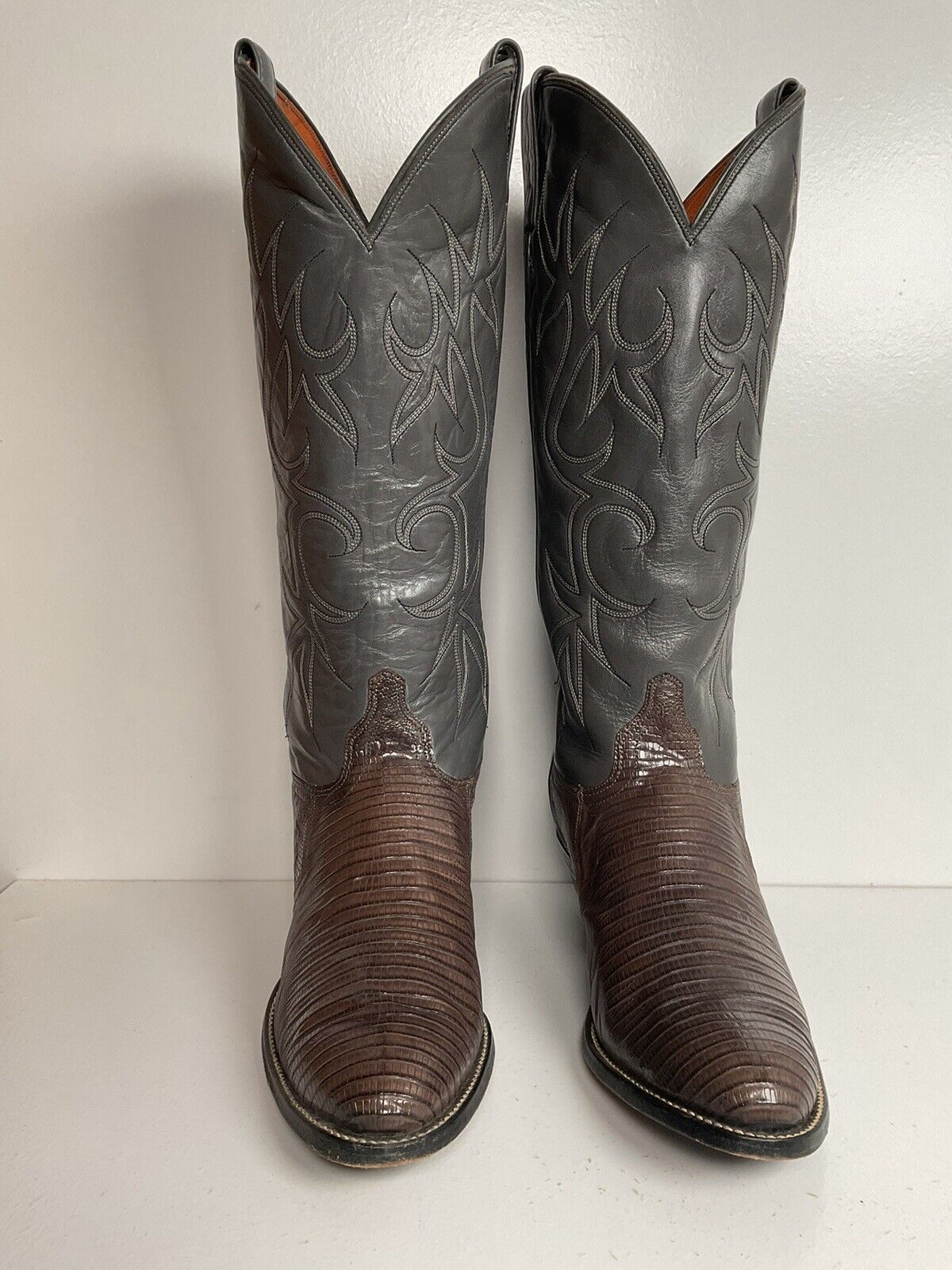 Vintage J Chisholm Grey Tall Cowgirl Boots 8 M Lizard Vamp USA Made