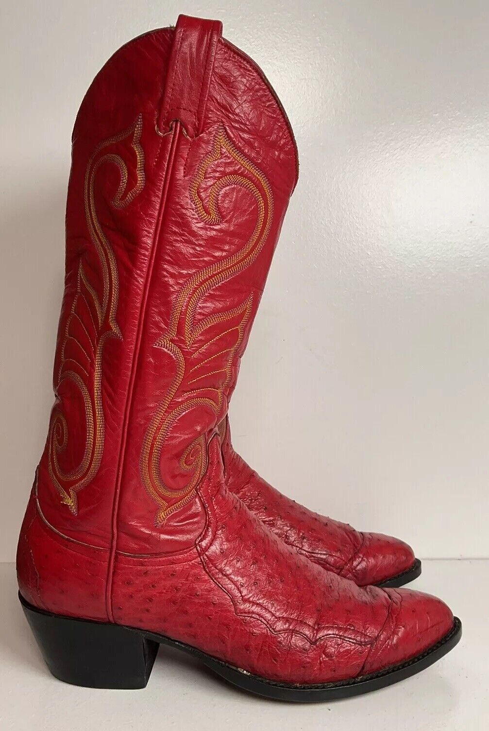 Vintage Larry Mahan Cherry Red Pin Quill Ostrich Cowboy Boots 10.5 D New Half Soles