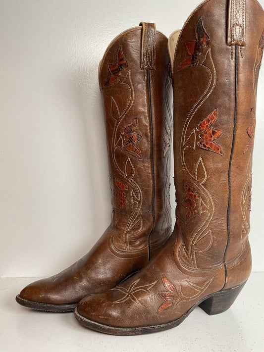 Vintage Dan Post 17”  Tulip Cowgirl Boots 7.5 C Tooled Snakeskin Overlay