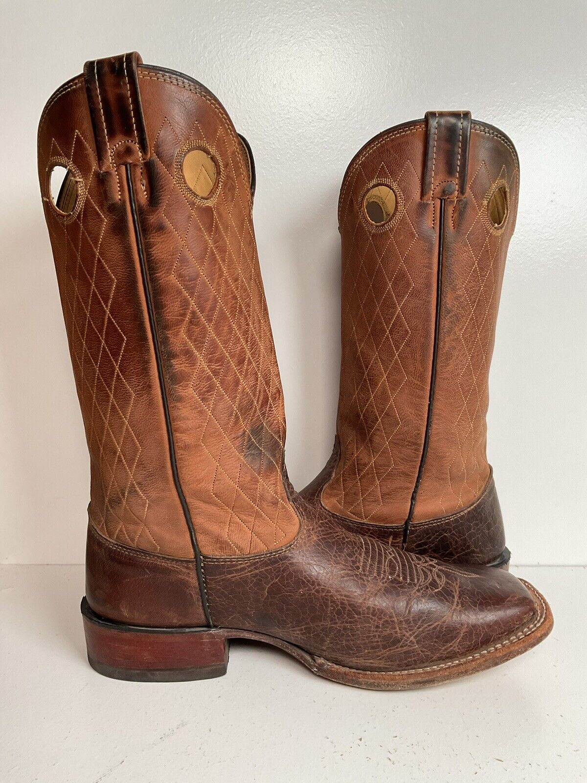 Larry Mahan 14” Square Toe Buckaroo Cowboy Boots 9.5 D Quilted Upper Punchy