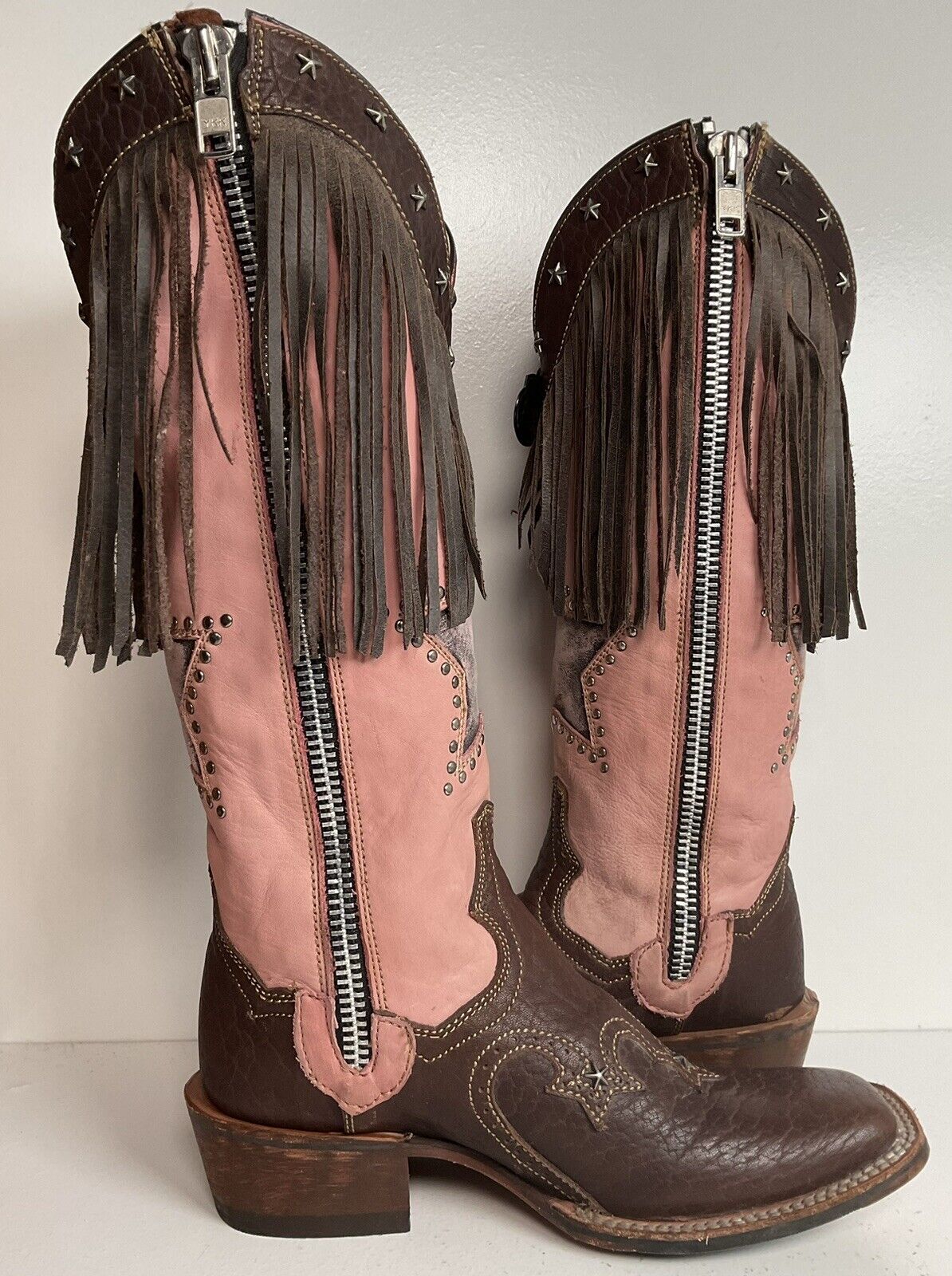 Dan Post 16” Fringe Cowgirl Boots 7.5 M Square Toe Star Inlay