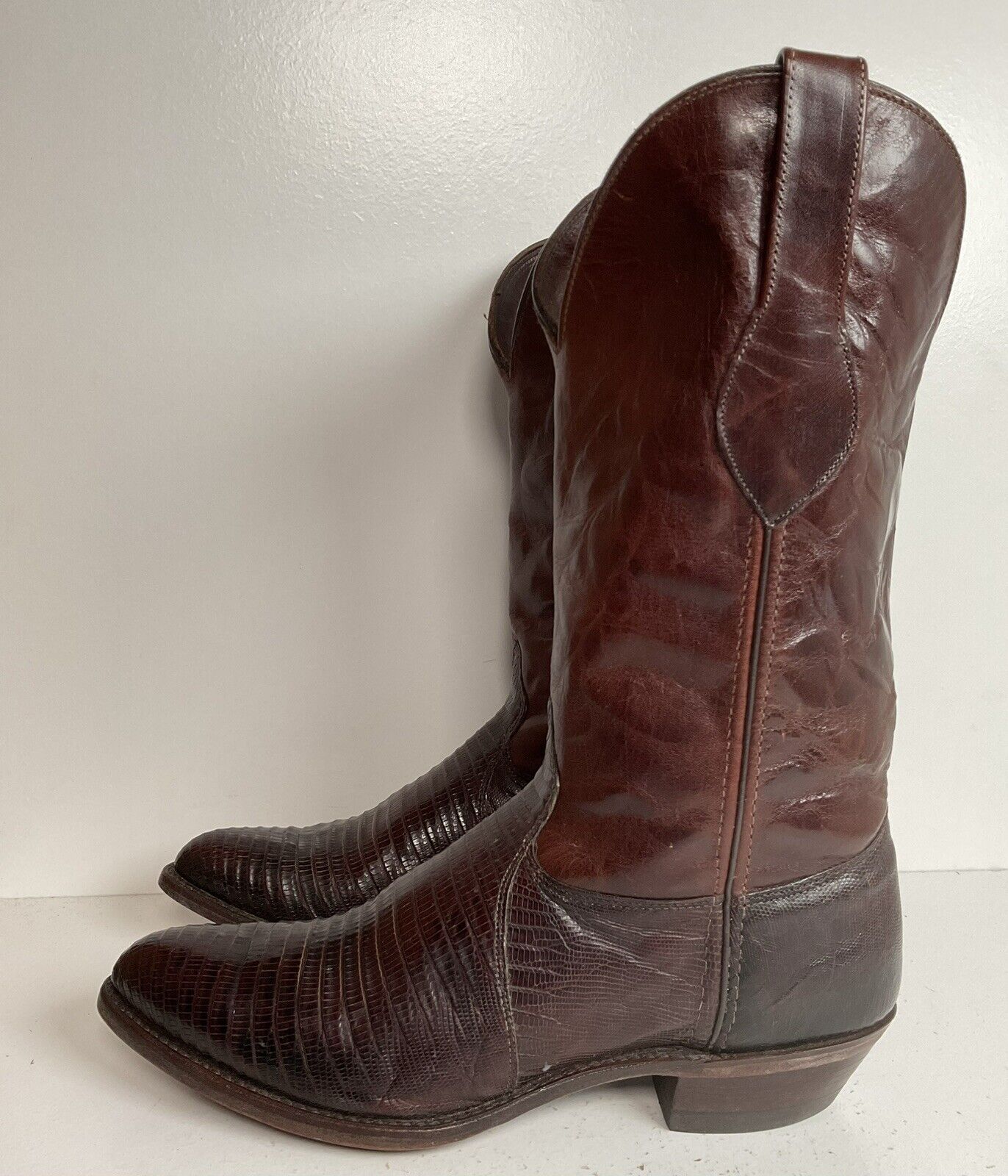 Vintage Wrangler Teju Lizard Cowboy Boots 9.5 M USA Mahogany Brown