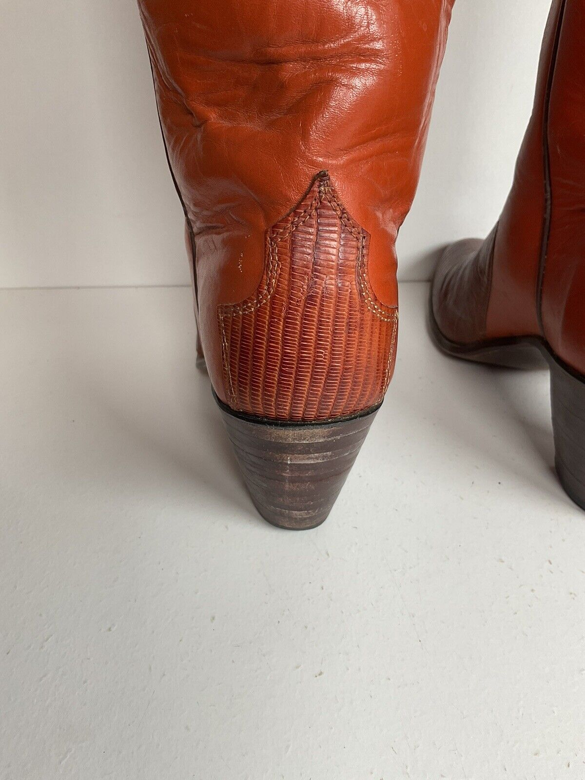 Vintage Justin 16” Tall Orange Cowgirl Boots 6.5 B Triad Tooled Lizard Overlay