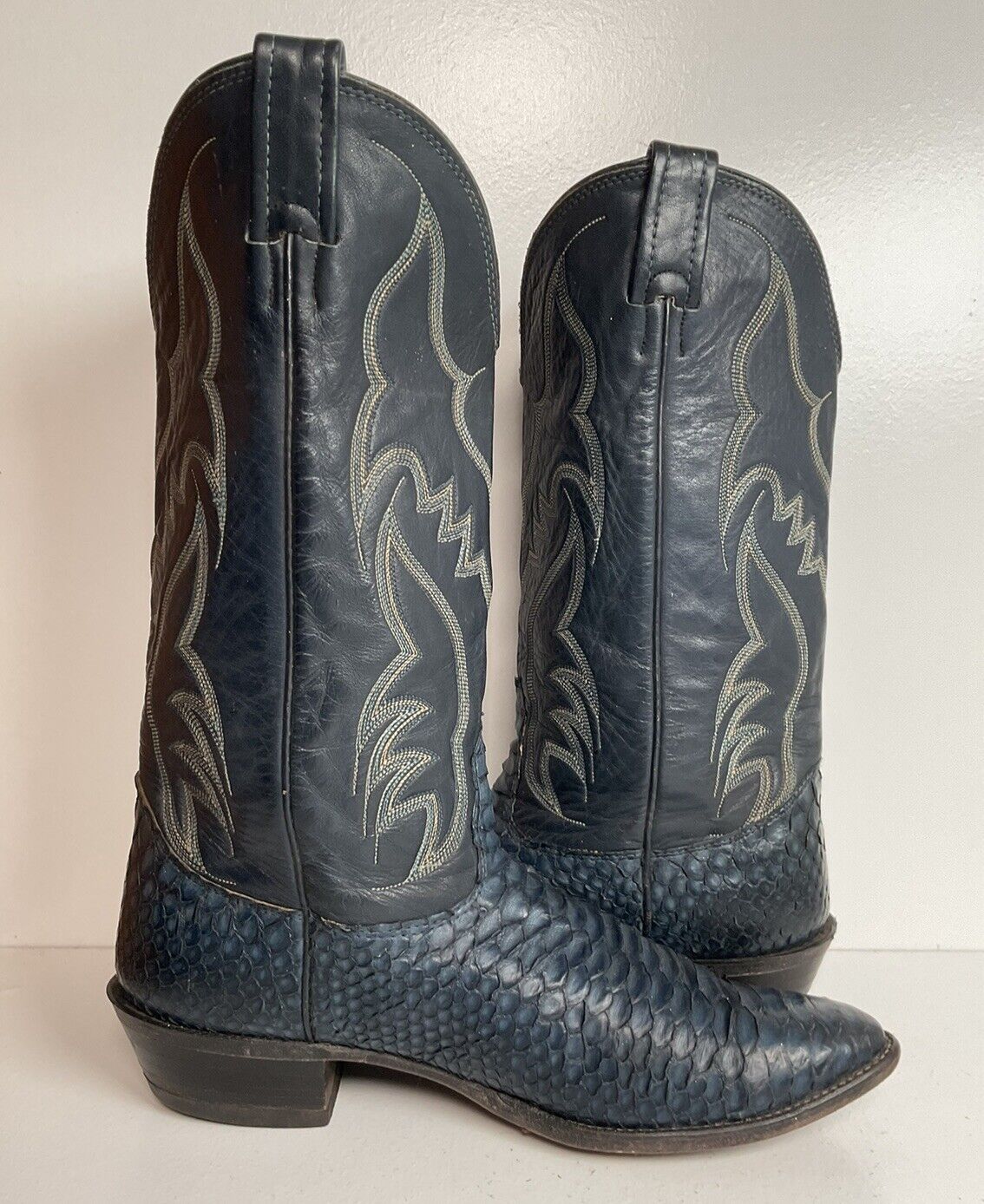 Vintage Nocona Dark Blue Python Cowboy Boots 9 EE Back Cut Snakeskin