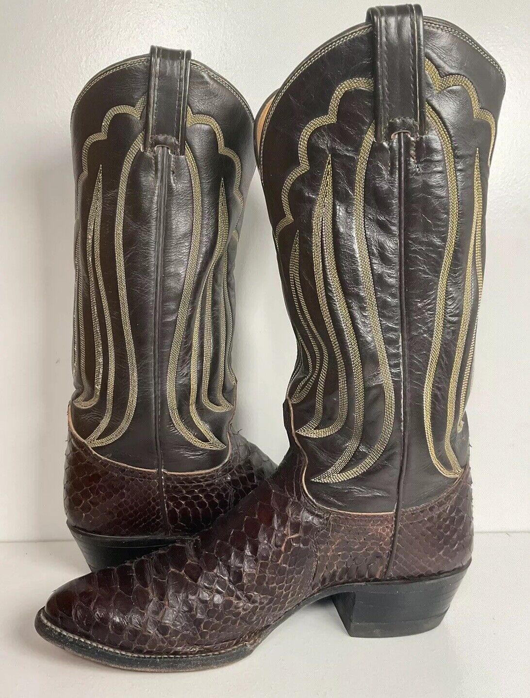 Vintage Tony Lama Back Cut Python Cowboy Boots 8.5 D Dark Brown Snakeskin