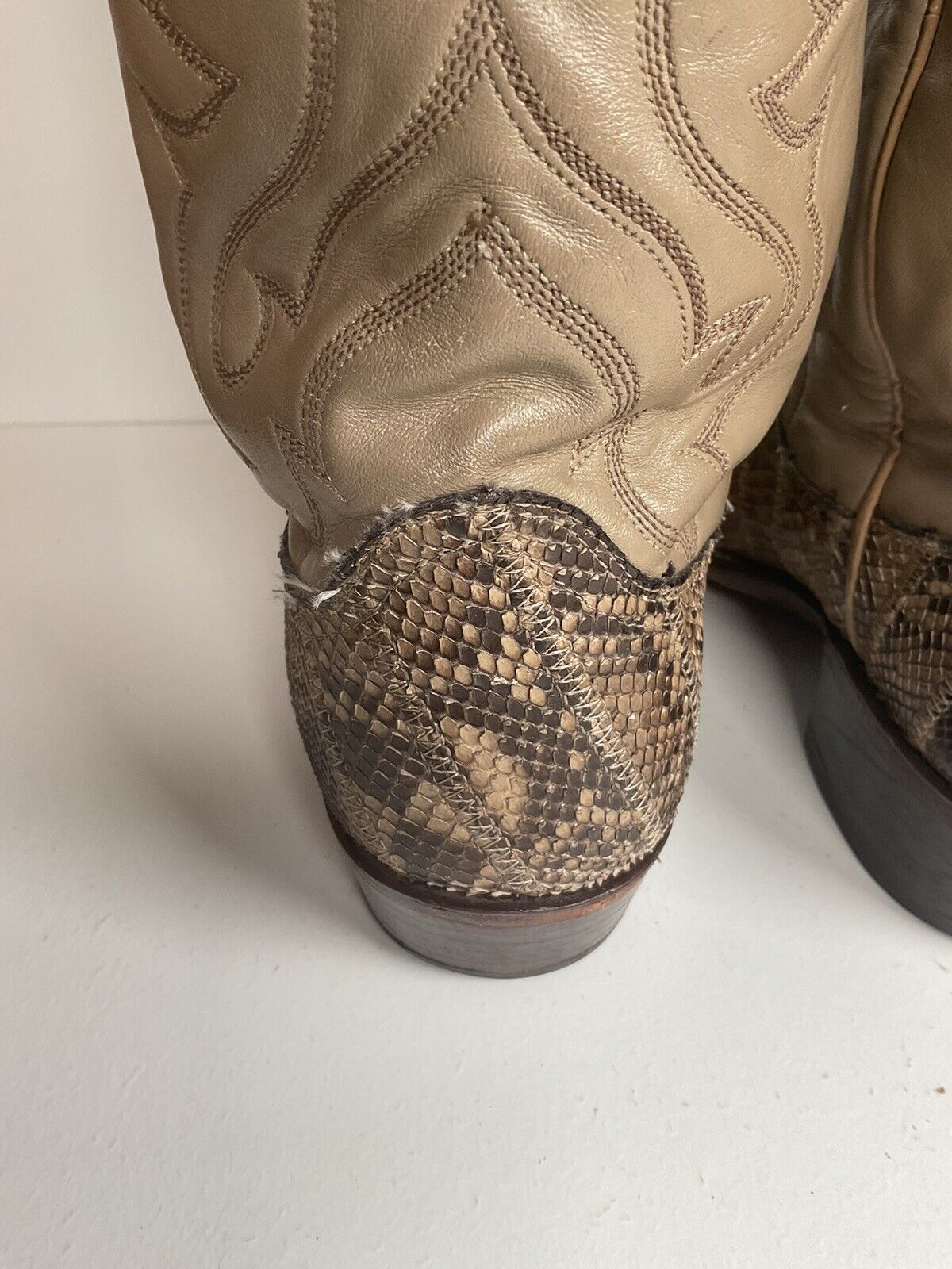 Vintage Dan Post Front Cut Python Snakeskin Cowboy Boots 10 D Patchwork USA Made