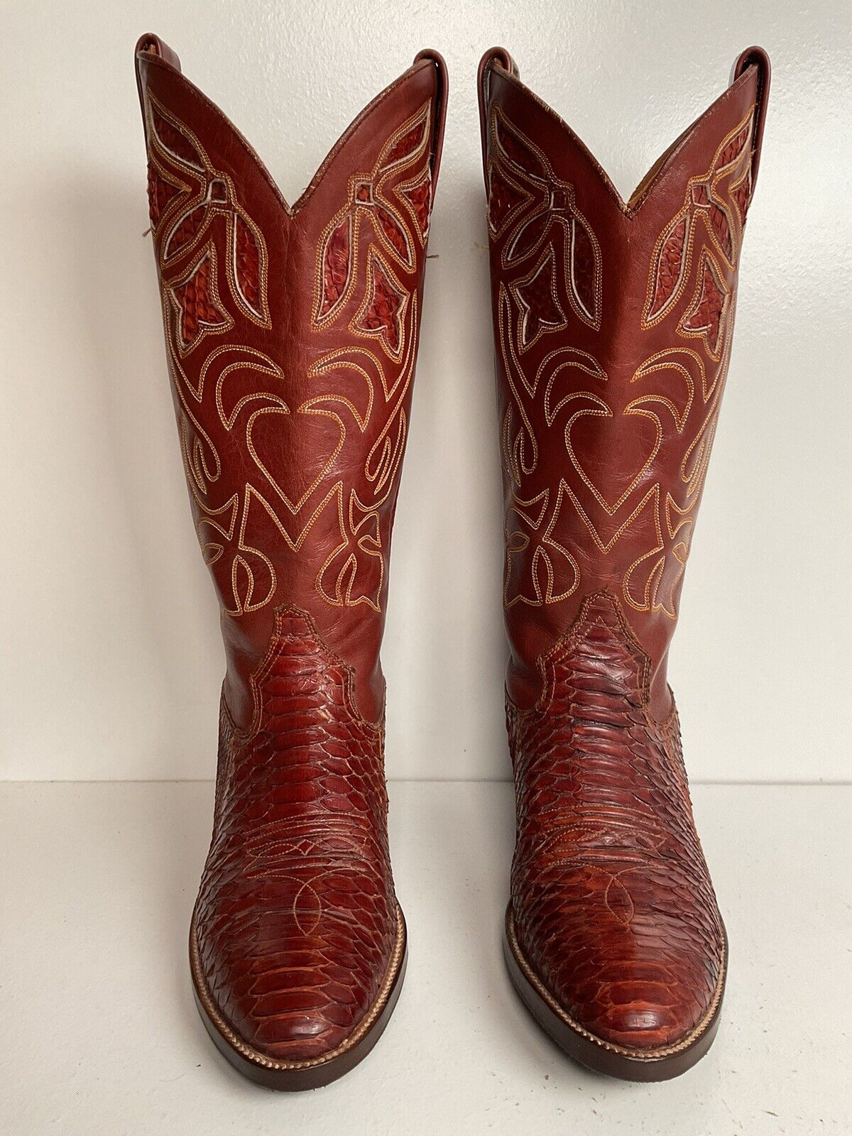 Vintage Dan Post Spain Cowgirl Boots 7.5 A Tooled Snakeskin Inlay