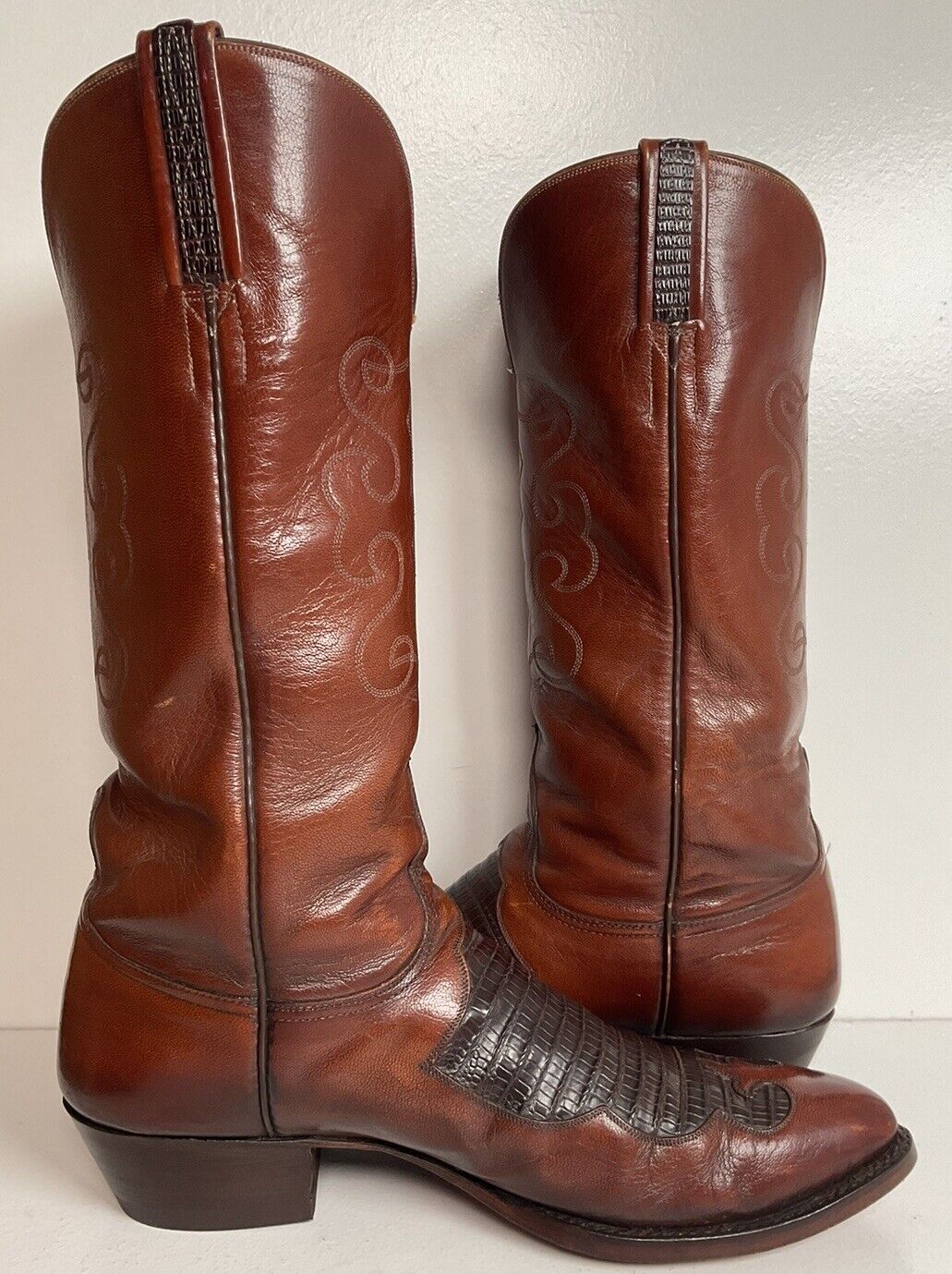 Vintage Lucchese Lizard Inlay Cowboy Boots 8.5 D USA Made New Soles