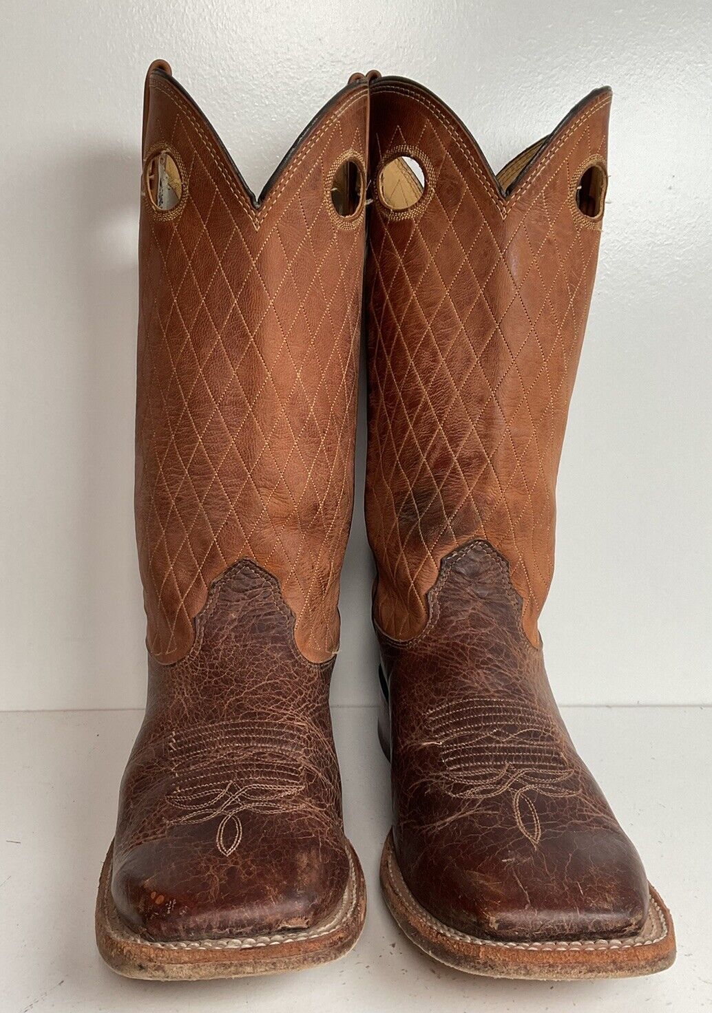 Larry Mahan 14” Square Toe Buckaroo Cowboy Boots 9.5 D Quilted Upper Punchy