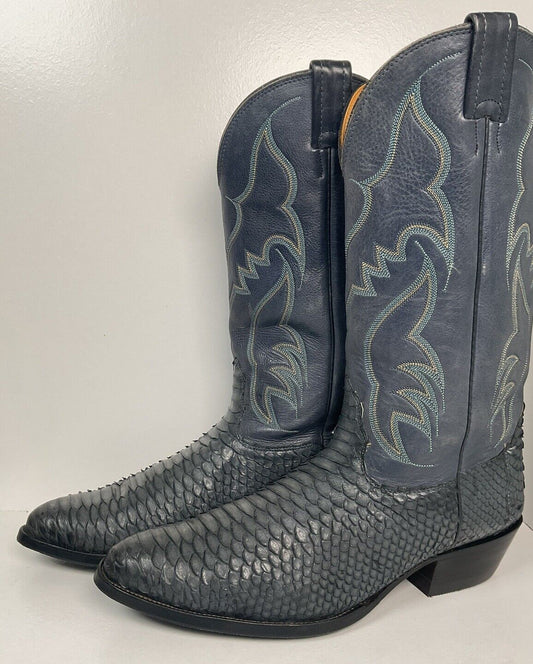 Vintage Nocona Dark Blue Python Snakeskin Cowboy Boots 12 D USA Made