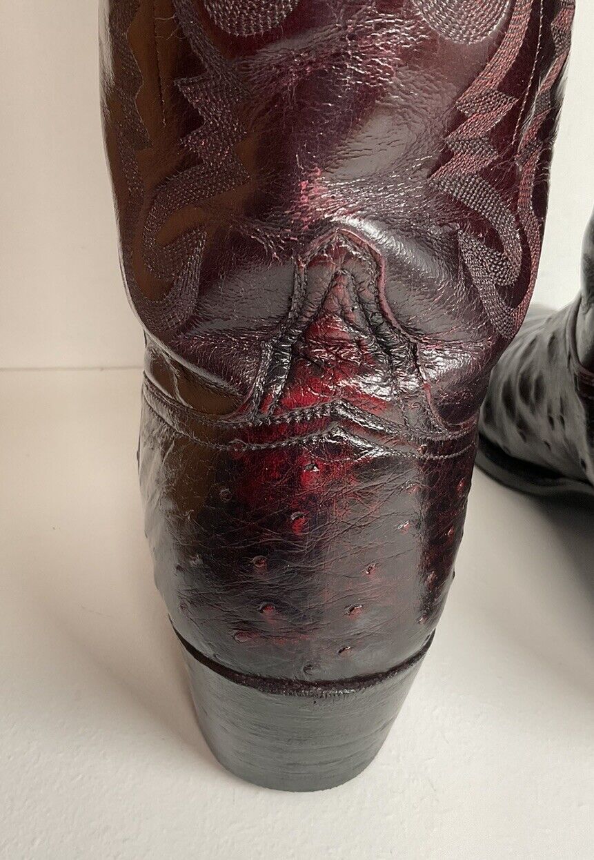 Vintage Lucchese Black Cherry Ostrich Quill Cowboy Boots 9 EE Exotic New Soles