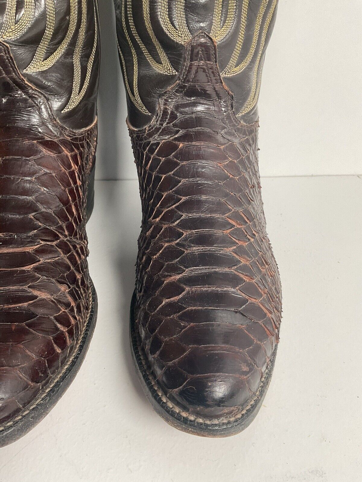 Vintage Tony Lama Back Cut Python Cowboy Boots 8.5 D Dark Brown Snakeskin