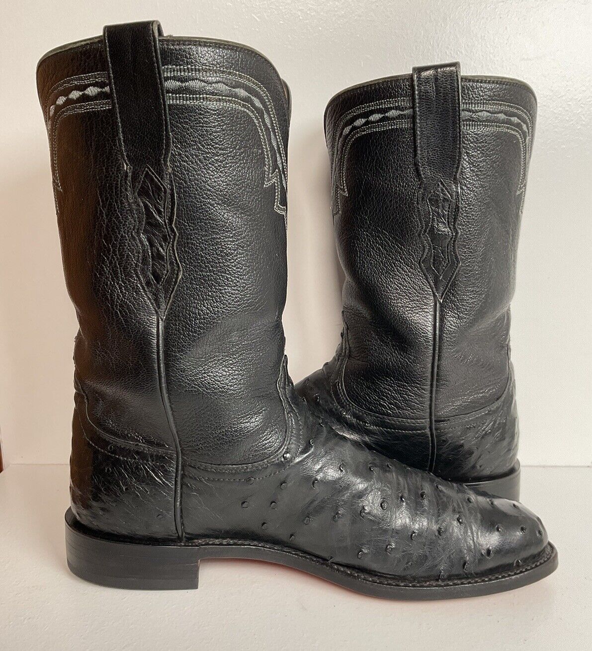 Lucchese 2000 Black Ostrich Quill Roper Boots 9 D Exotic Resoled