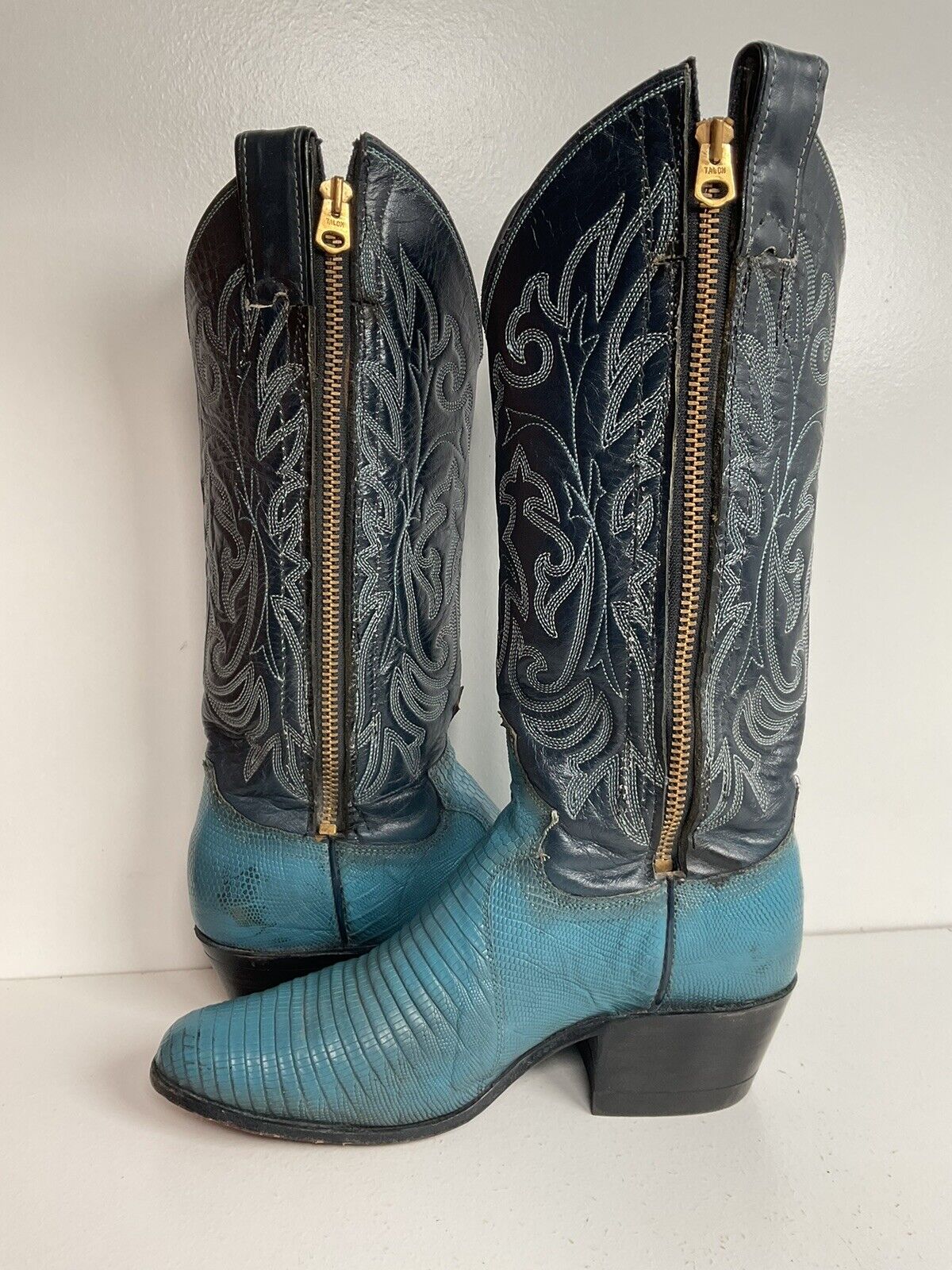 Vintage Justin Turquoise Cowgirl Boots 5 B Zipper Teju Lizard Vamp