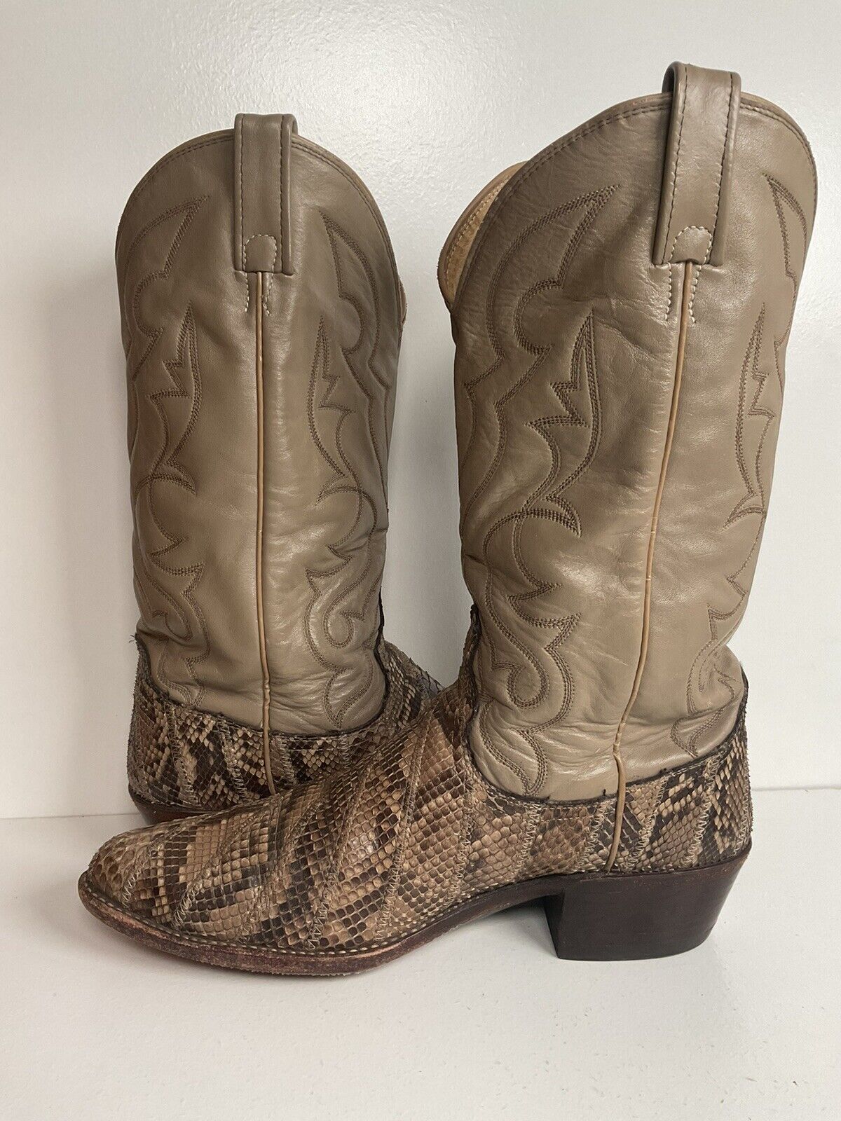 Vintage Dan Post Front Cut Python Snakeskin Cowboy Boots 10 D Patchwork USA Made