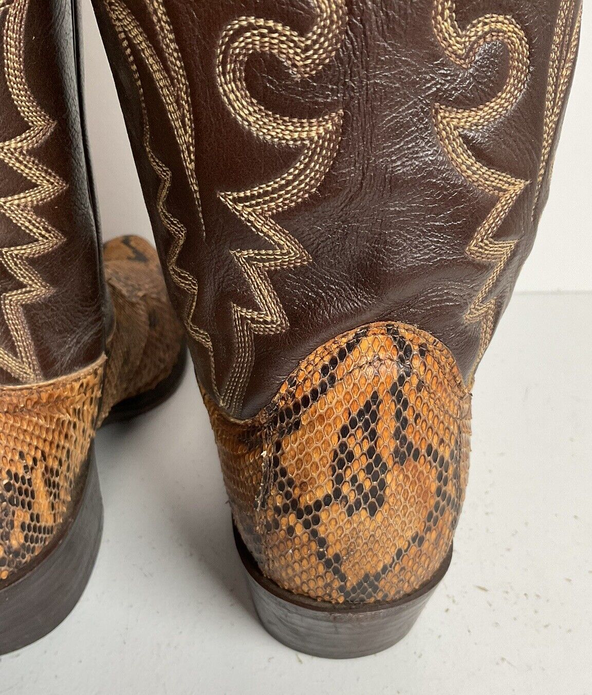 Vintage Dan Post Python Snakeskin Cowboy Boots 10 D Old Label Front Cut