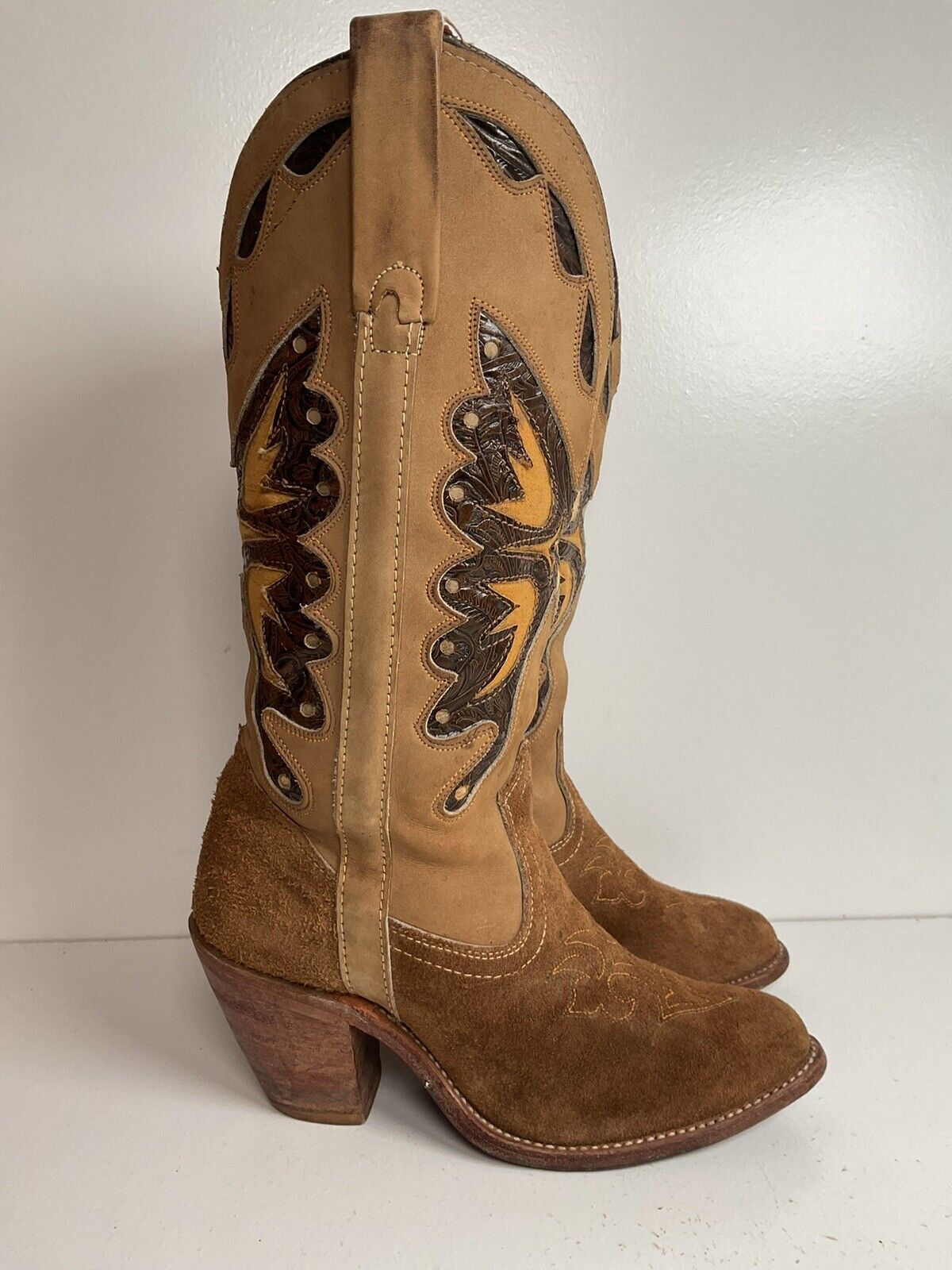 Vintage Miss Capezio Butterfly Boots 7.5 M Tooled Inlay Brown Nubuck Suede