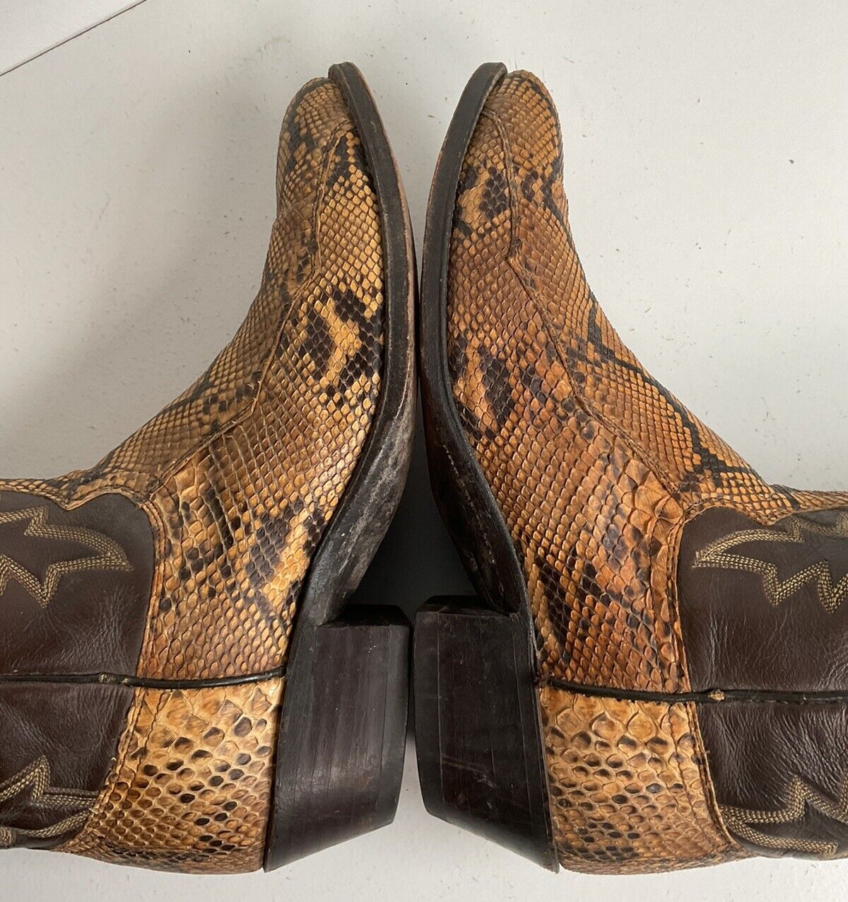 Vintage Dan Post Python Snakeskin Cowboy Boots 10 D Old Label Front Cut