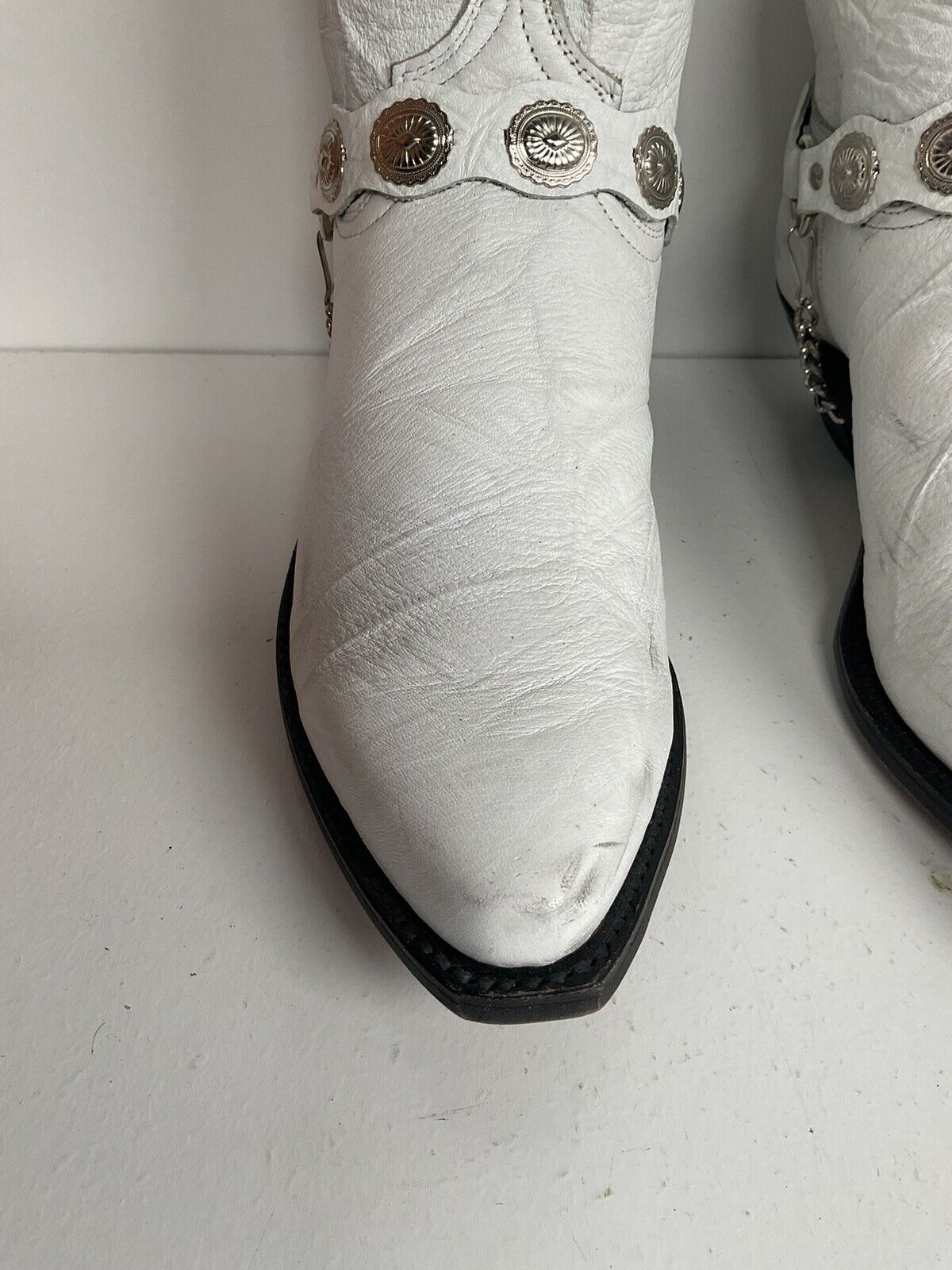 Abilene cowgirl wedding boots in white, featuring a western harness design, size 7.5 M, perfect for a rustic bridal look.