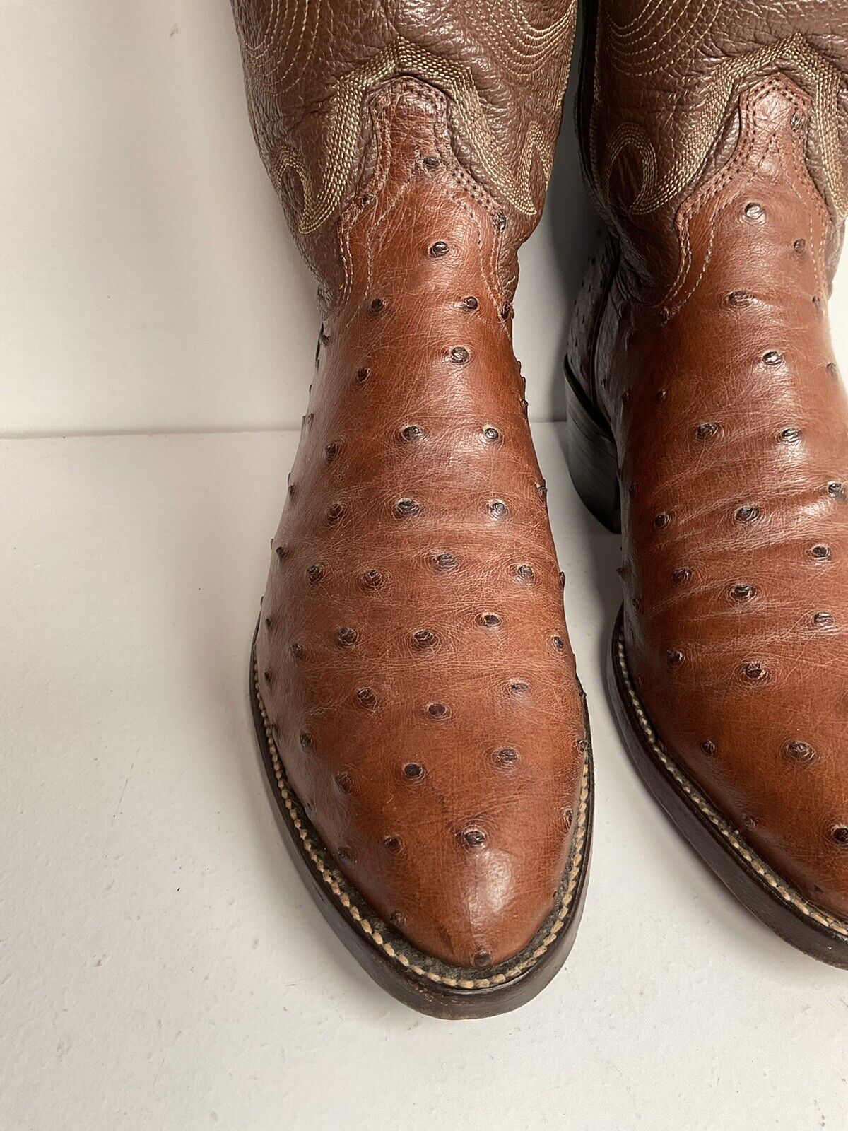 Vintage J Chisholm Exotic Full Quill Ostrich Cowboy Boots 8 D Brown USA Made