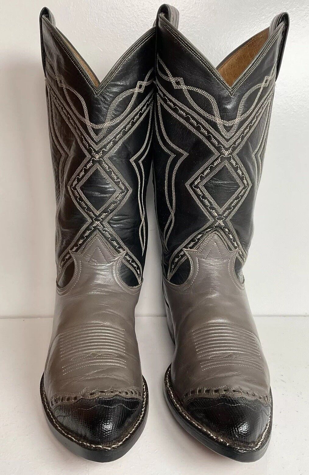 Vintage Tony Lama Grey Lizard Wingtip Cowboy Boots 9 D Gold Label New Half Soles