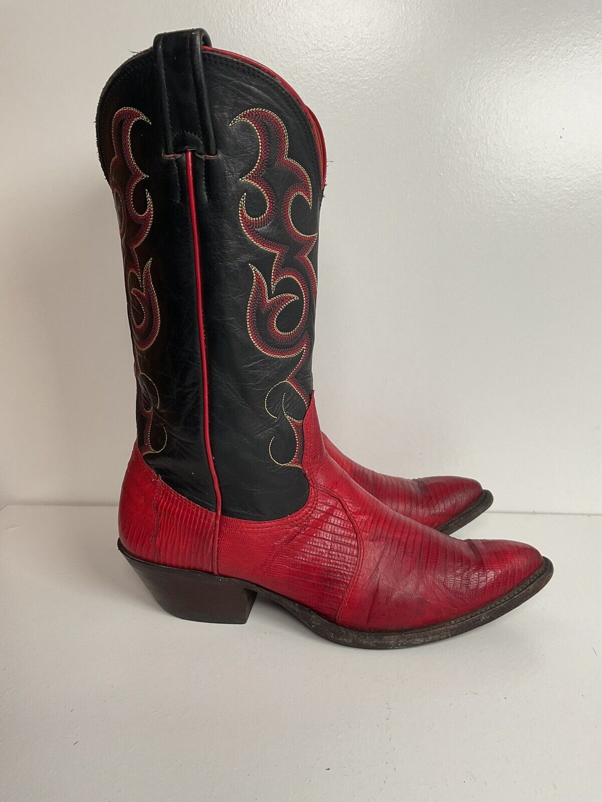 Vintage Nocona Cherry Red Cowgirl Boots 8 B Teju Lizard Vamp USA Made