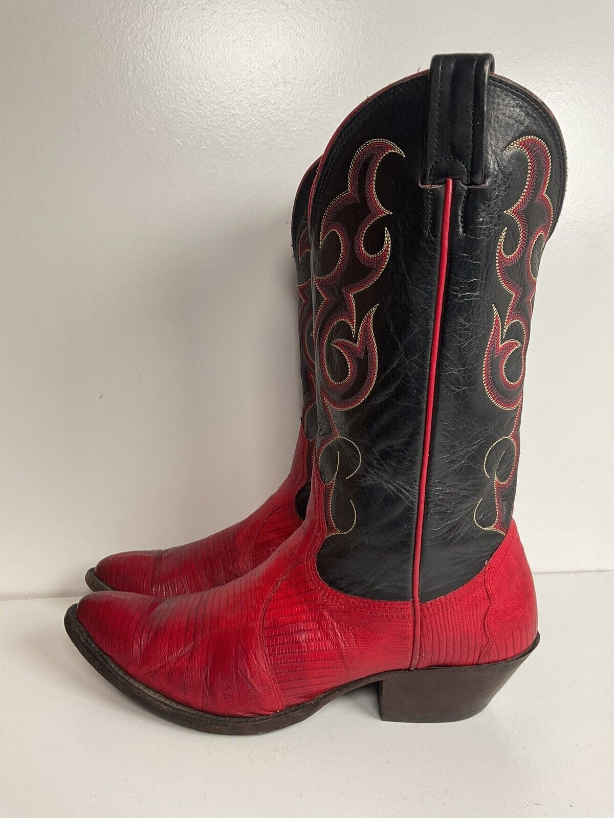 Vintage Nocona Cherry Red Cowgirl Boots 8 B Teju Lizard Vamp USA Made