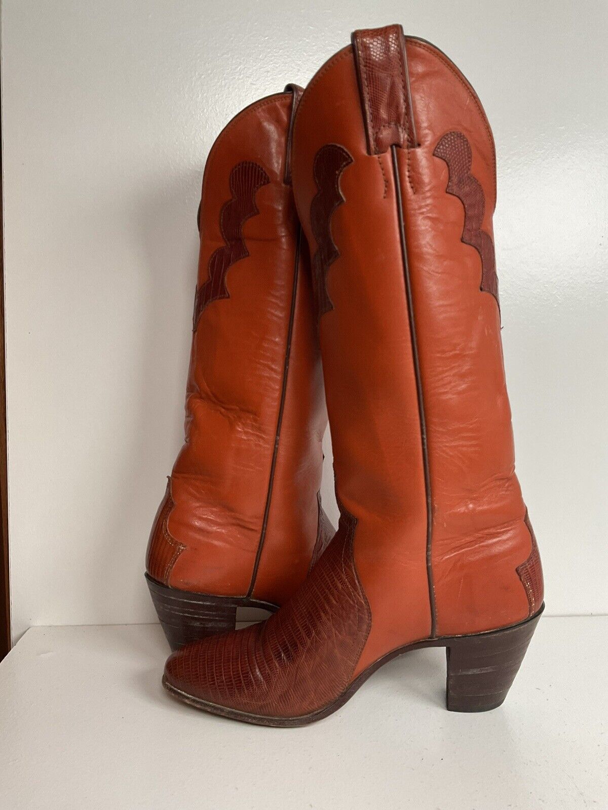 Vintage Justin 16” Tall Orange Cowgirl Boots 6.5 B Triad Tooled Lizard Overlay