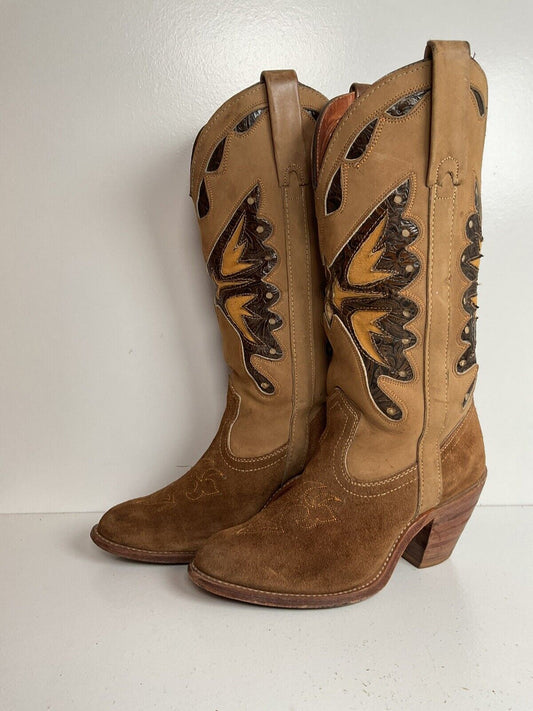 Vintage Miss Capezio Butterfly Boots 7.5 M Tooled Inlay Brown Nubuck Suede