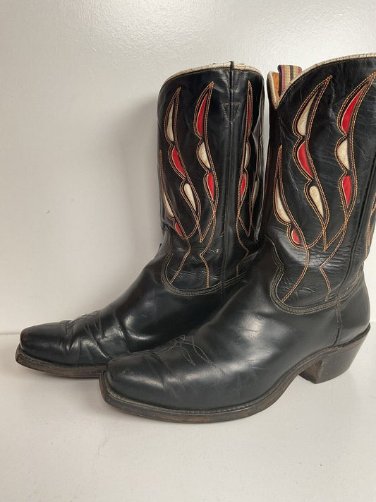 Vintage Tooled Inlay Cowboy Boots 9 D 1950s Pee Wee USA Made